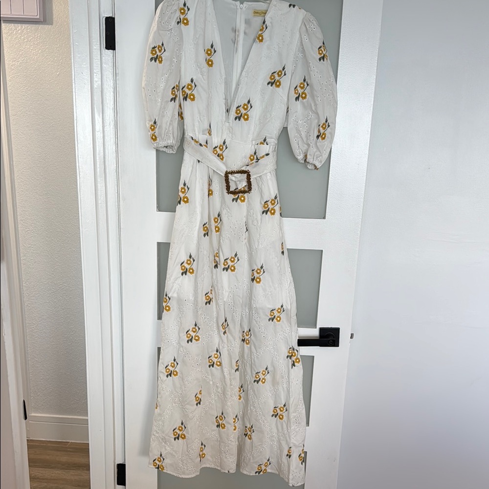 White Long Sleeve Puff Sleeve Sundress with Plunge Neckline